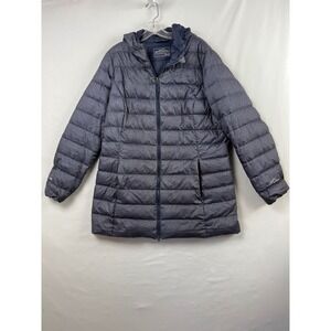 Eddie Bauer 650 Down Puffer Parka Women XL Navy Blue Heathered Hooded Jacket